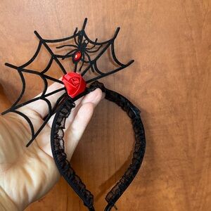 Black Spider Web Headband with Red Rose
